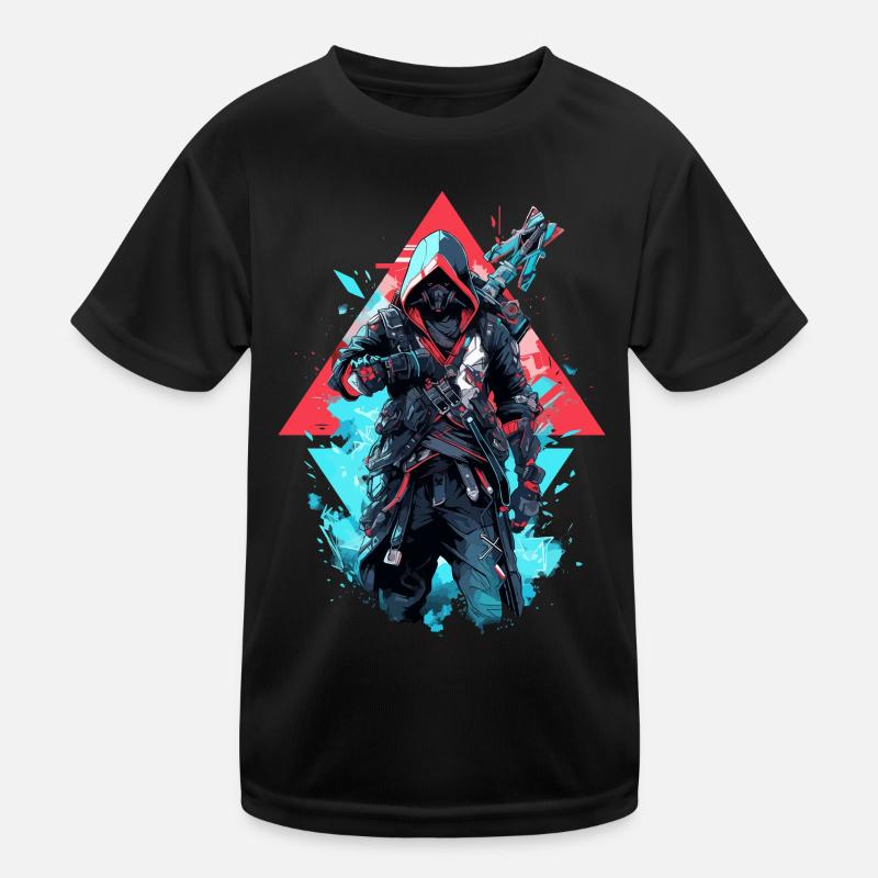 Epic Gamer Cyber Assassin in Blue and Red Kids Functional T-Shirt