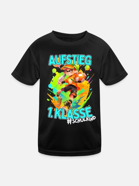 Aufstieg 1. Klasse: Fußball Einschulung für Jungen - Kinder Funktions-T-Shirt - Schwarz - Vorne