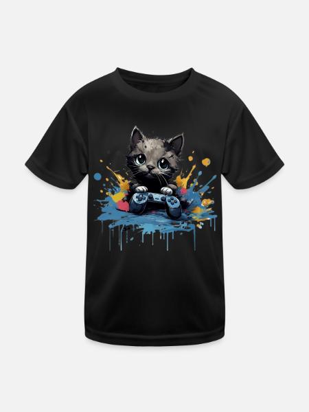 Niedliches Katzen-Gaming-Design - Kinder Funktions-T-Shirt - Schwarz