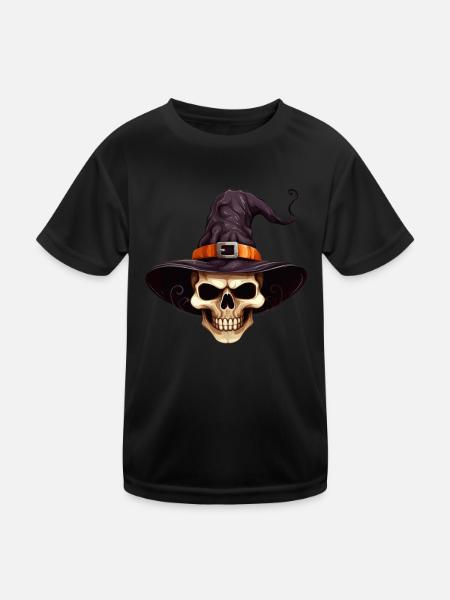 Spooky Halloween: Crâne avec chapeau de sorcière - T-shirt sport Enfant - noir - Devant