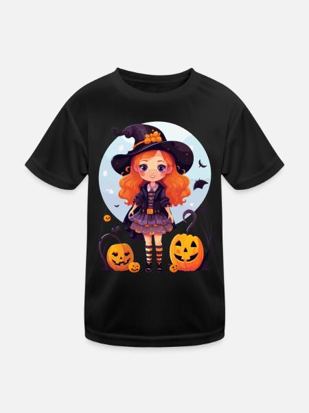 Halloween Magic: sorcière mignonne et citrouilles effrayantes - T-shirt sport Enfant - noir - Devant