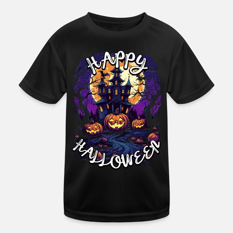 Happy Halloween with haunted castle, moon and pumpkins Kids Functional T-Shirt