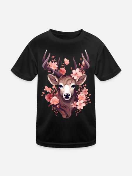 Hirsch Shirt Damen Trachtenshirt Trachten T-Shirt - Kinder Funktions-T-Shirt - Schwarz - Vorne