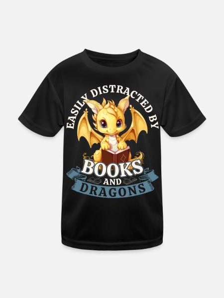 Easily Distracted By Books And Dragons: Drachen - Kinder Funktions-T-Shirt - Schwarz - Vorne