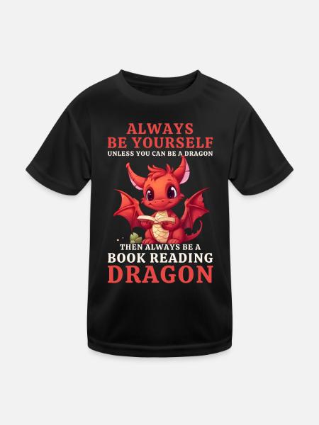 "Always Be Yourself" - Bücher lesen Roter Drachen - Kinder Funktions-T-Shirt - Schwarz - Vorne