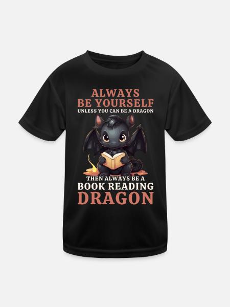 Always Be Yourself: Bücher lesen Schwarzer Drachen - Kinder Funktions-T-Shirt - Schwarz - Vorne