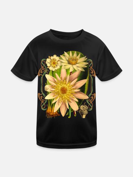Vintage Botanical Water Lily, Lotus Flower - Kids Functional T-Shirt - black - Front