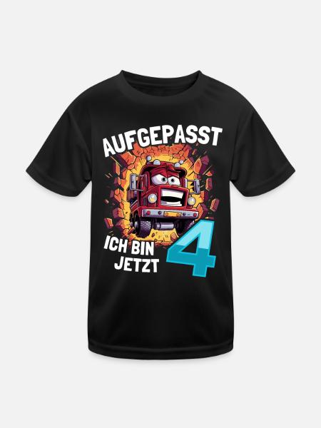 Aufgepasst Ich bin jetzt 4 Geburtstag Feuerwehauto - Kinder Funktions-T-Shirt - Schwarz - Vorne