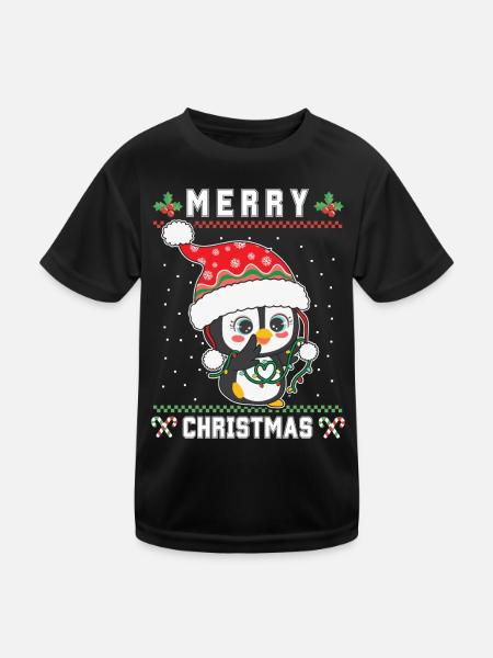 Merry Christmas Süßer Santa Pinguin Ugly Christmas - Kinder Funktions-T-Shirt - Schwarz - Vorne