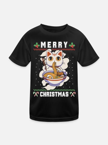Süße Kawaii Anime Katze mit Ramen Ugly Christmas - Kinder Funktions-T-Shirt - Schwarz - Vorne