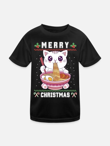 Süße Kawaii Anime Katze mit Ramen Ugly Christmas - Kinder Funktions-T-Shirt - Schwarz - Vorne