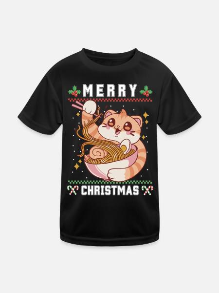 Süße Kawaii Anime Katze mit Ramen Ugly Christmas - Kinder Funktions-T-Shirt - Schwarz - Vorne