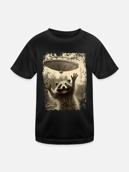 Lustiger Waschbär mit UFO Retro Vintage Alien - Kinder Funktions-T-Shirt - Schwarz - Vorne
