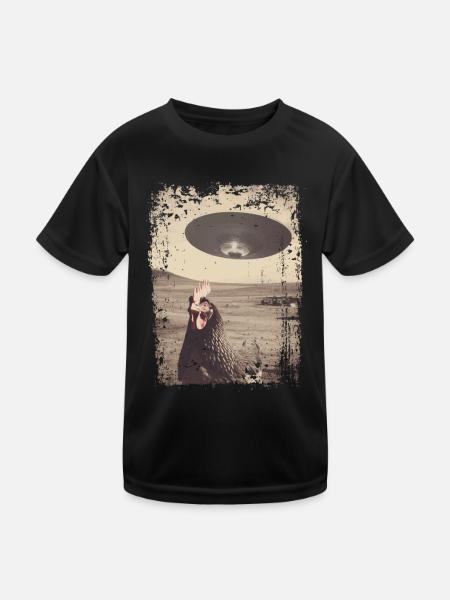 Lustiger Hahn und Huhn mit UFO Retro Vintage Alien - Kinder Funktions-T-Shirt - Schwarz - Vorne