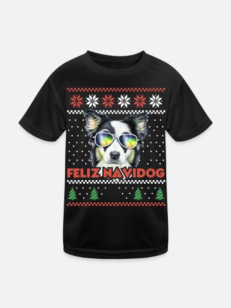 Border Collie Chien Feliz Navidog Noël moche - T-shirt sport Enfant - noir - Devant
