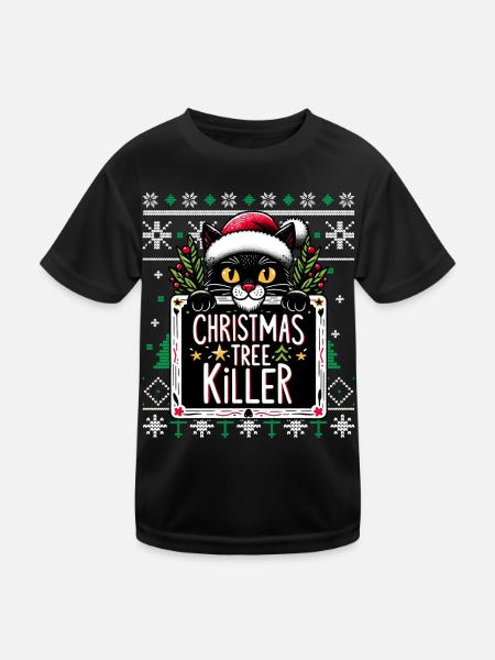 Meowy Tree Killer Cat Pajamas PJ Ugly Funny Xmas - Kids Functional T-Shirt - black - Front
