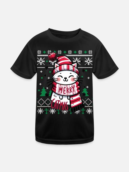 Meowy Catmas - Cat Pajamas PJ Ugly Funny Xmas - Kids Functional T-Shirt - black - Front