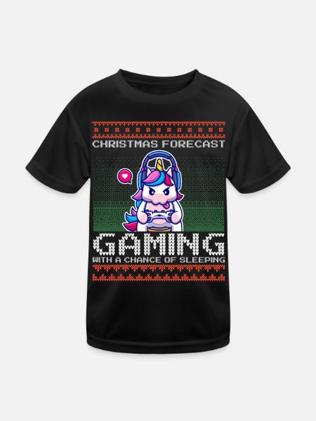 Funny Christmas Forecast Gaming Einhorn Ugly Xmas - Kinder Funktions-T-Shirt - Schwarz - Vorne