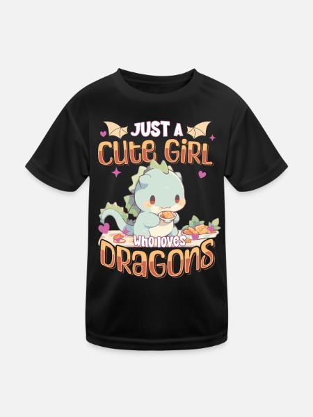 Just a cute Girl who loves Dragons - Kawaii Drache - Kinder Funktions-T-Shirt - Schwarz - Vorne