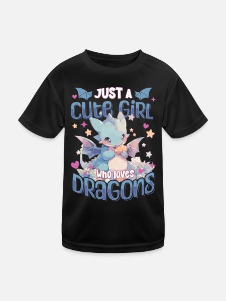 Just a cute Girl who loves Dragons - Kawaii Drache - Kinder Funktions-T-Shirt - Schwarz - Vorne