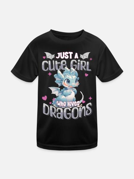 Just a cute Girl who loves Dragons - Kawaii Drache - Kinder Funktions-T-Shirt - Schwarz - Vorne