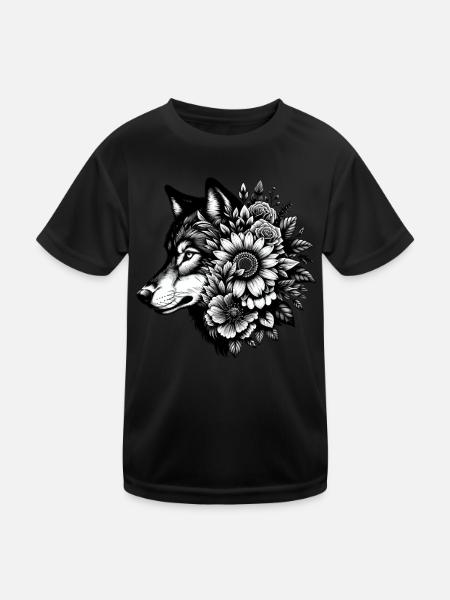 Wolf Flowers Animal Graphic Wolf Lover - Kids Functional T-Shirt - black - Front