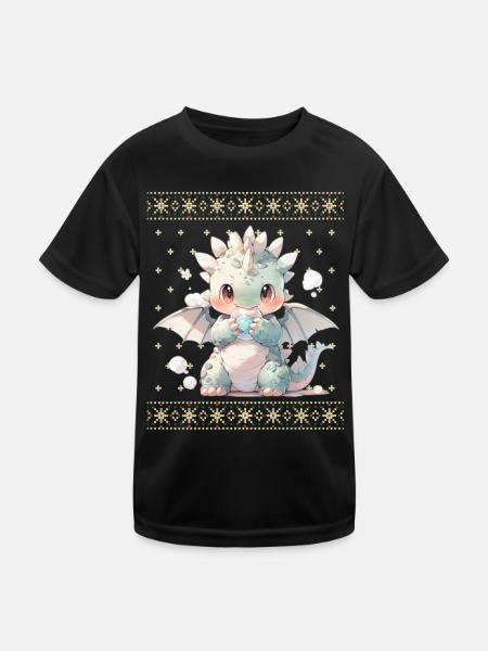 Kawaii Dragon in Ugly Christmas Sweater Style - Kids Functional T-Shirt - black - Front