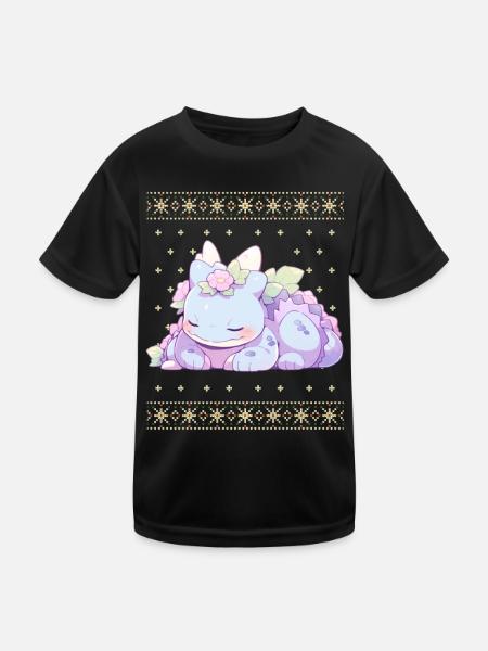 Kawaii Dragon in Ugly Christmas Sweater Style - Kids Functional T-Shirt - black - Front