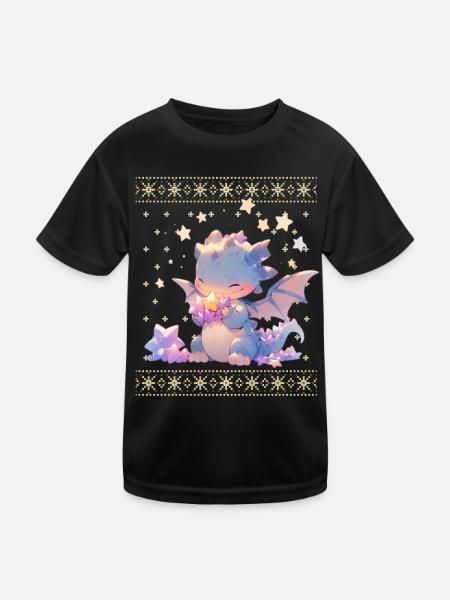Kawaii Dragon in Ugly Christmas Sweater Style - Kids Functional T-Shirt - black - Front