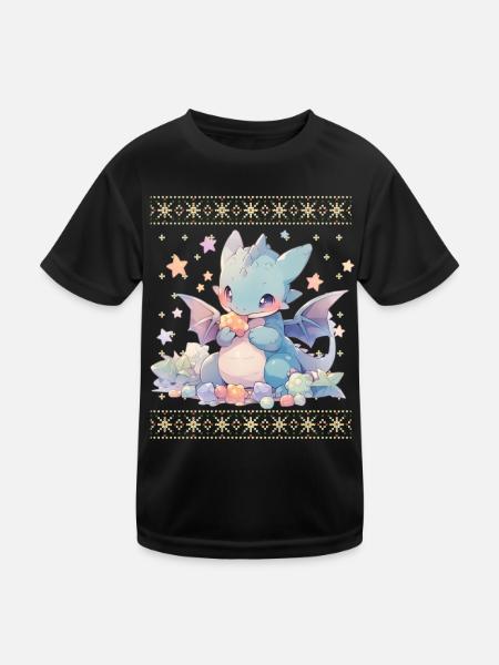 Kawaii Dragon in Ugly Christmas Sweater Style - Kids Functional T-Shirt - black - Front
