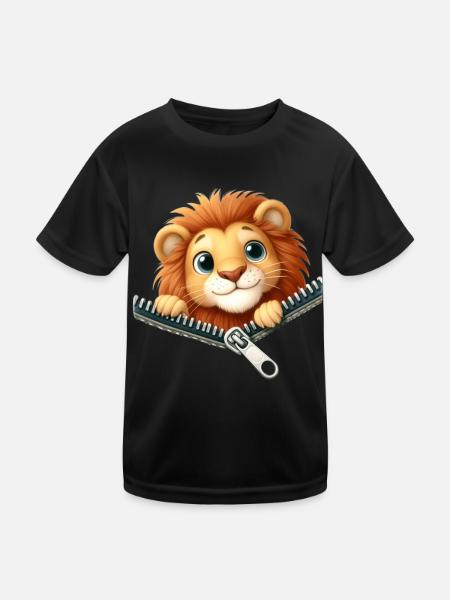 Löwe mit Reißverschluss - Kinder Funktions-T-Shirt - Schwarz - Vorne