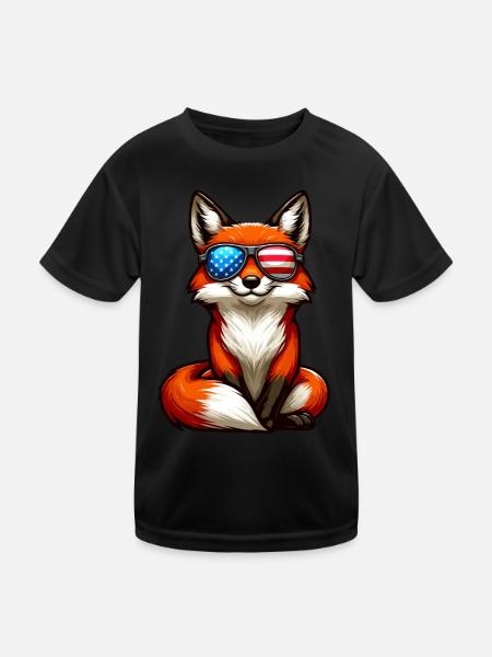 Fuchs Amerika Unabhängigkeitstag Stars and Stripes - Kinder Funktions-T-Shirt - Schwarz - Vorne
