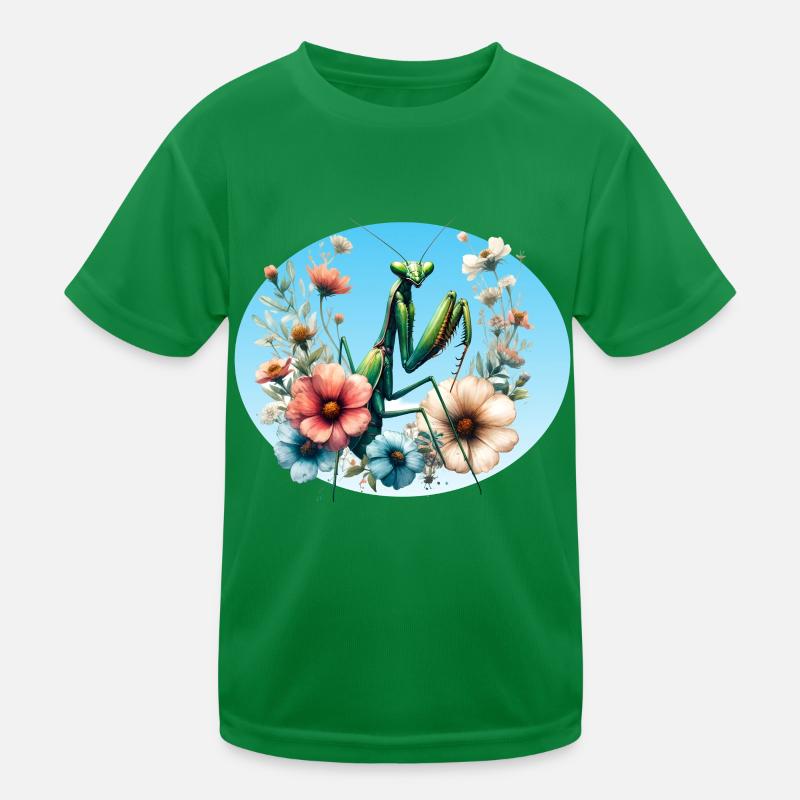 Gottesanbeterin im Blumengarten Kinder Funktions-T-Shirt