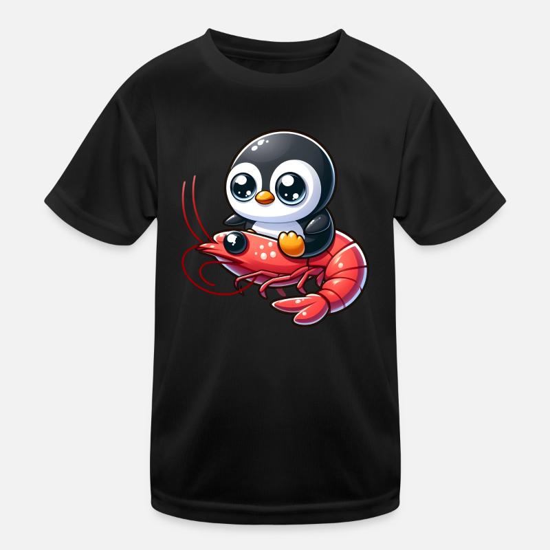 Pinguin reitet Shrimp - Kinder Funktions-T-Shirt - Schwarz