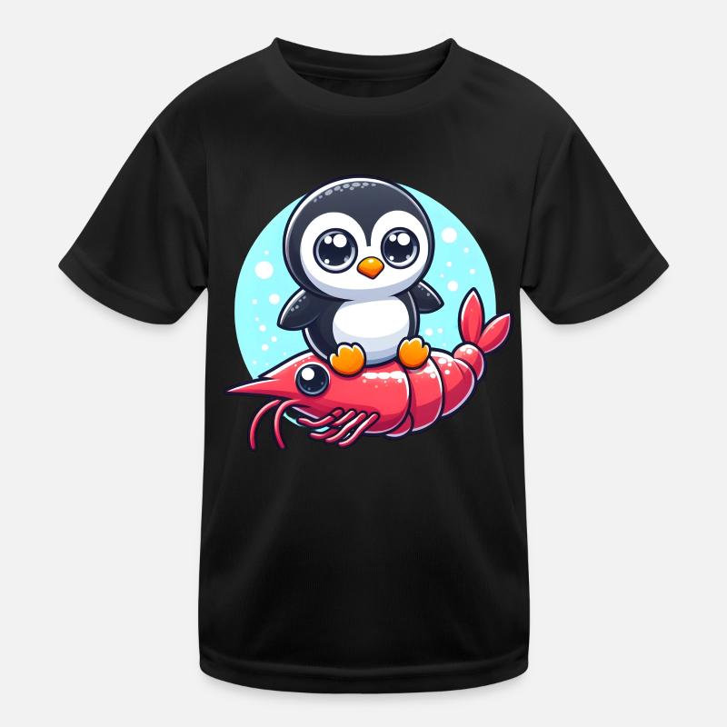 Pinguin reitet auf Shrimp Kinder Funktions-T-Shirt
