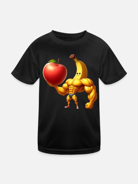 Muscular banana lifting huge apple - Kids Functional T-Shirt - black - Front