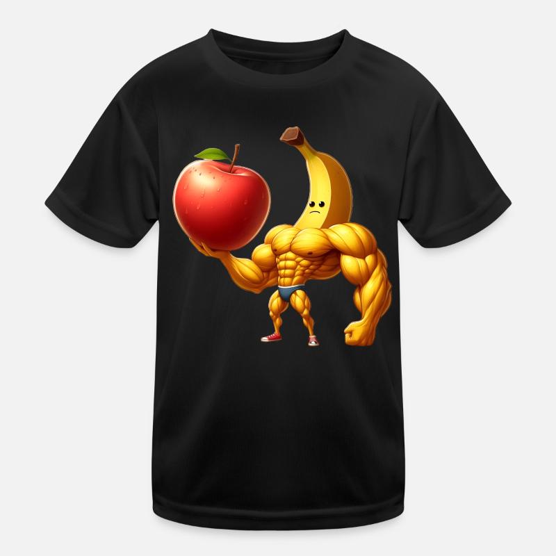 Muskulöse Banane stemmt riesigen Apfel Kinder Funktions-T-Shirt