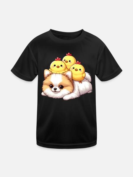 Cute chick on a Pomeranian - Kids Functional T-Shirt - black - Front