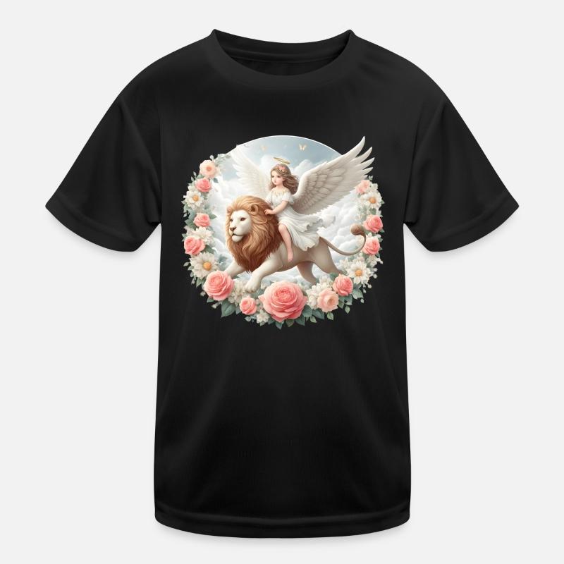 Engel auf einem Löwen Kinder Funktions-T-Shirt