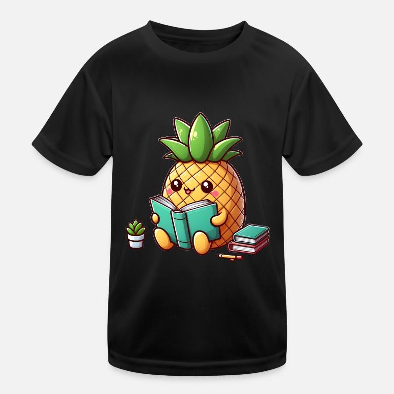Lesende Ananas - Kinder Funktions-T-Shirt - Schwarz