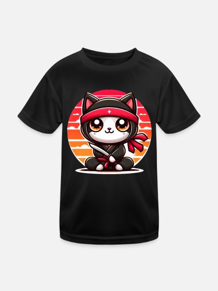 Ninja Katze - Kinder Funktions-T-Shirt - Schwarz - Vorne