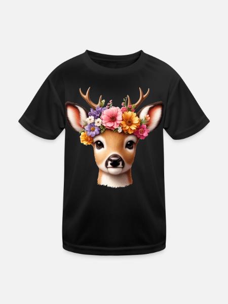 Trachtenshirt Damen T-Shirt Reh Kostüm Mädchen - Kinder Funktions-T-Shirt - Schwarz - Vorne