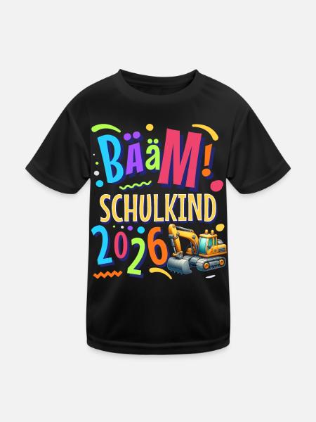 Einschulung Bagger Schulanfänger 2026 - Kinder Funktions-T-Shirt - Schwarz - Vorne