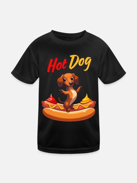 Hot Dog Dackel Senf Ketchup Hund Fast Food Lustig - Kinder Funktions-T-Shirt - Schwarz - Vorne