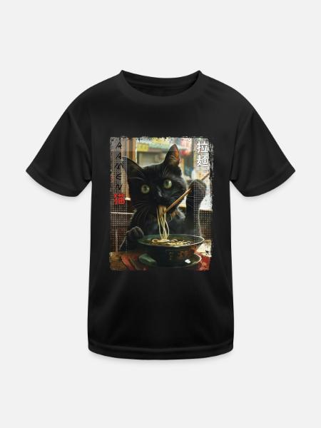 Aesthetic Ramen Katzen Vintage Kawaii Japanisch - Kinder Funktions-T-Shirt - Schwarz - Vorne