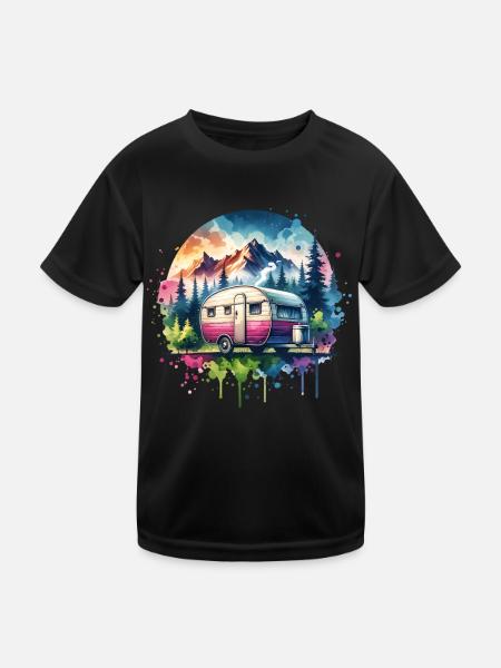 Camping Wohnwagen - Kinder Funktions-T-Shirt - Schwarz - Vorne
