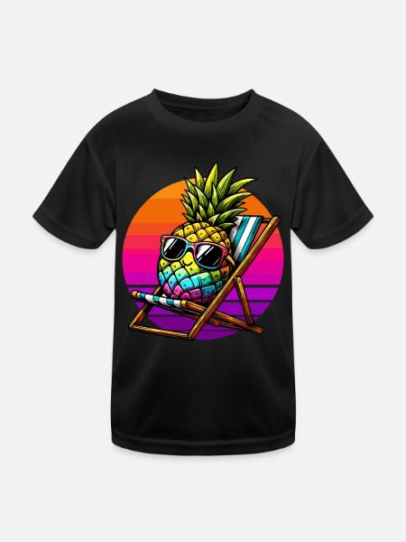 Urlaub Ananas Liegestuhl Sonnenuntergang Lustig - Kinder Funktions-T-Shirt - Schwarz - Vorne