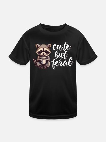 Lustiger Waschbär Kaffee Cartoon - Cute but feral - Kinder Funktions-T-Shirt - Schwarz - Vorne