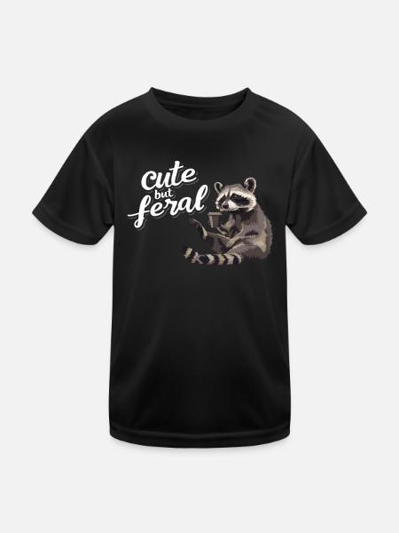 Funny raccoon coffee drinker - Cute but feral - Kids Functional T-Shirt - black - Front