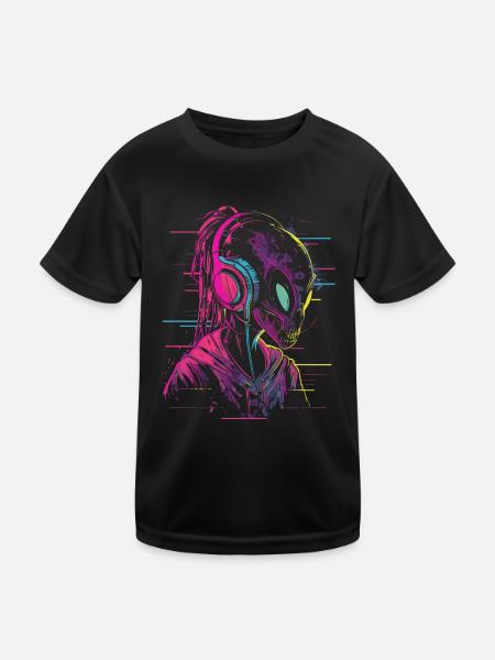 Festival DJ Alien UFO alien with headphones - Kids Functional T-Shirt - black - Front